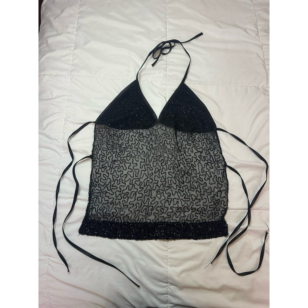 Handmade Y2K Beaded Halter Top Black Backless M Tie Back Sheer Fairy Whimsygoth